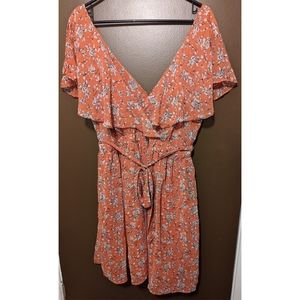 Ditsy Orange Floral Ruffle Surplice Dress